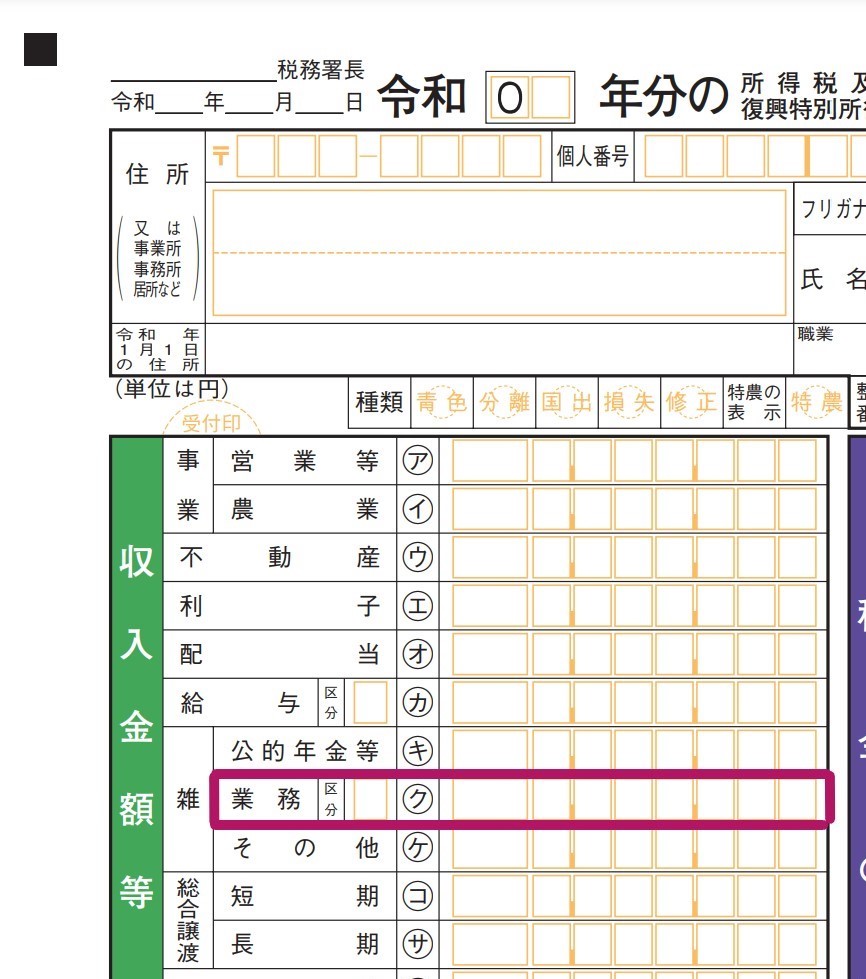 令和2年分申告より副業･兼業収入は、あらたに設けられた｢業務｣欄に記載へ(確定申告書第一表)